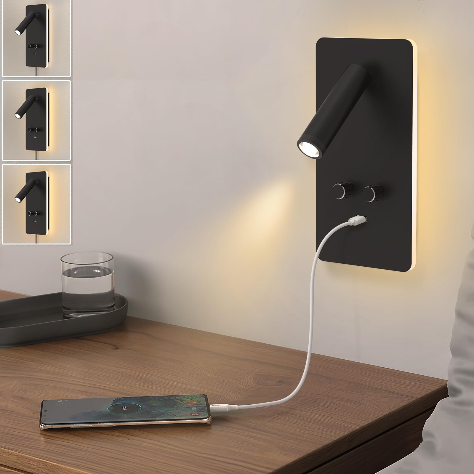 HYMELA M04 Dimmable Wall Mount Reading Light,Adjustable 0.9-3.7W LED Wall Mounted Reading Lamp with Adjustable 1.2-6W Backlight,Wall Sconces with USB