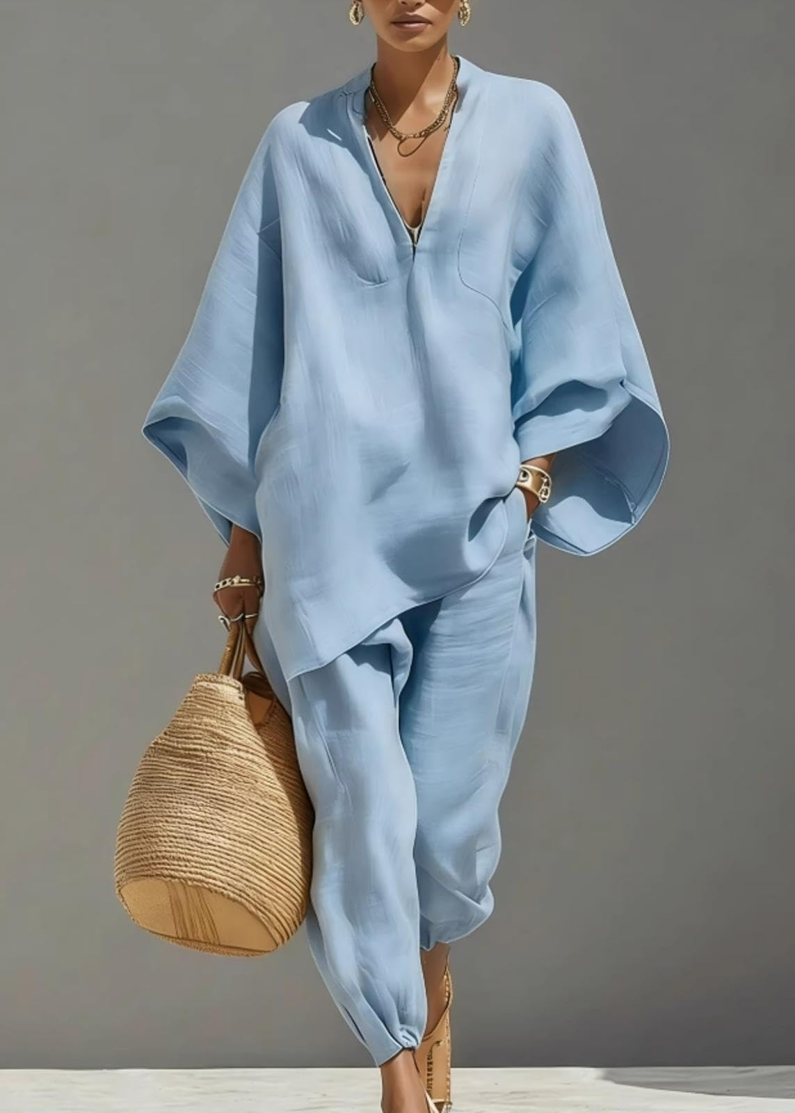 Tenue Deux Pièces pour Femmes Printempsété Mode Chemise Ample à Manches Batwing à Manches en V Et Col en V Ensemble Deux Pièces