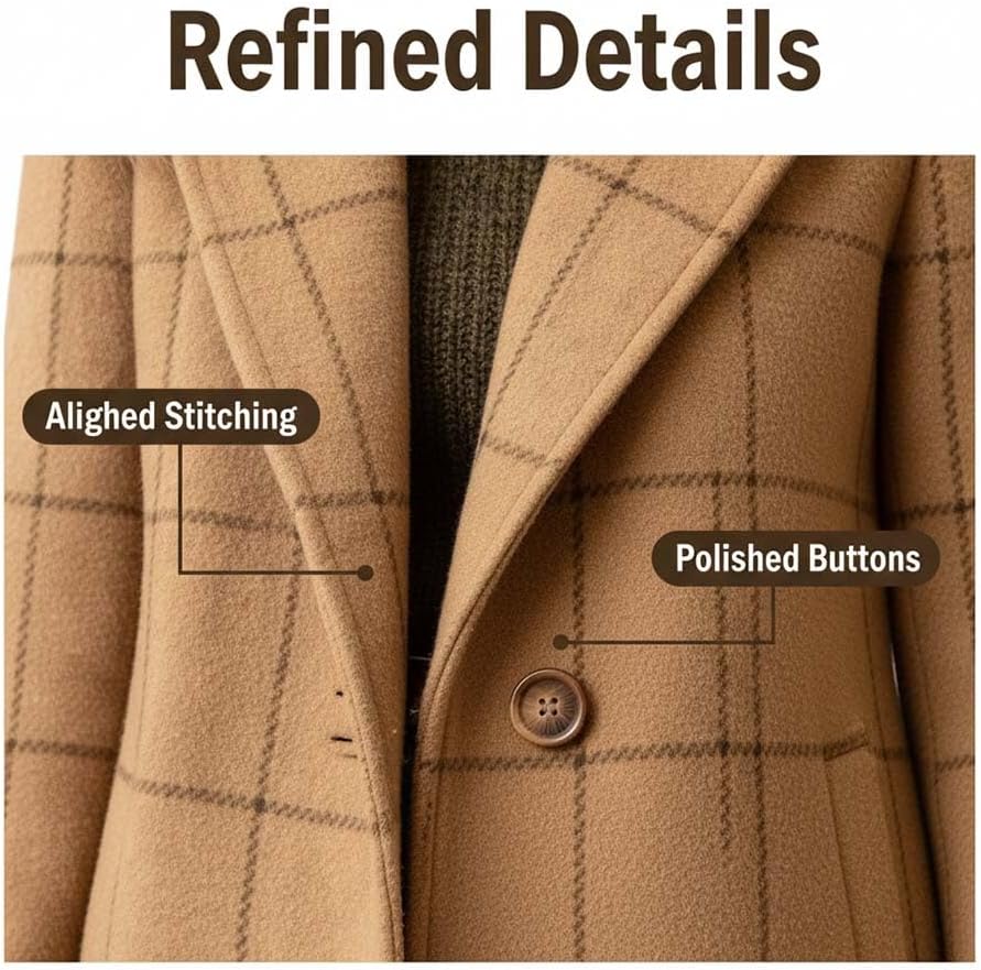 Women's winter notched collar, Notched Collar Single Breasted Mid Long Polyester Overcoat Casual Retro Outerwear - Image 5