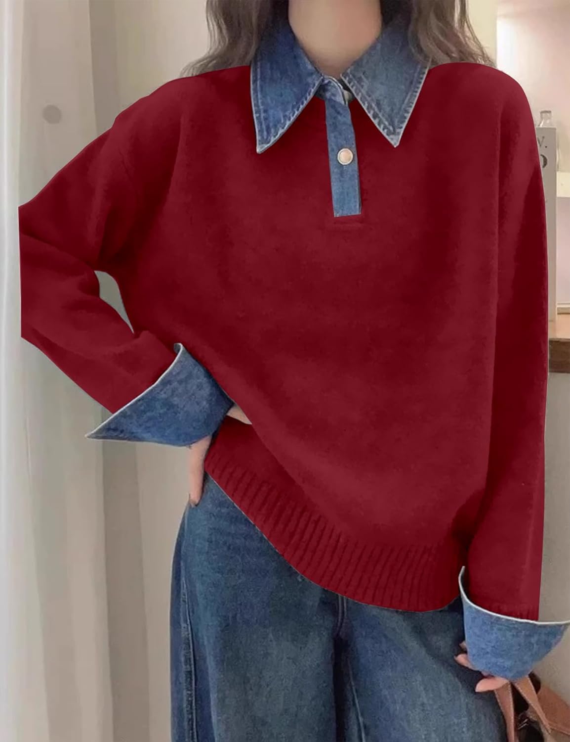 hathne Women's Oversized Polo Sweater Button Up Denim Lapel Pullover Sweater Long Sleeve Collared Knit Top - Image 3