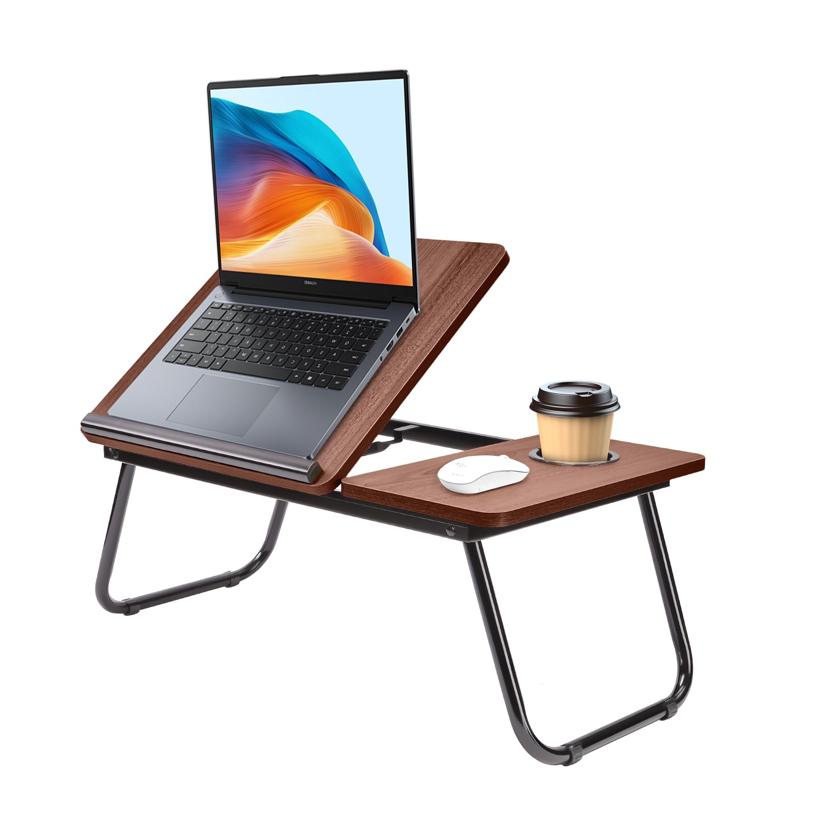 Holdfiturn Foldable Laptop Desk, Laptop Table with Cup Holder, Height Adjustable Computer Bed Tray Table, Reading Holder Notebook Stand for Eating Reading Working (Dark Wood Grain)