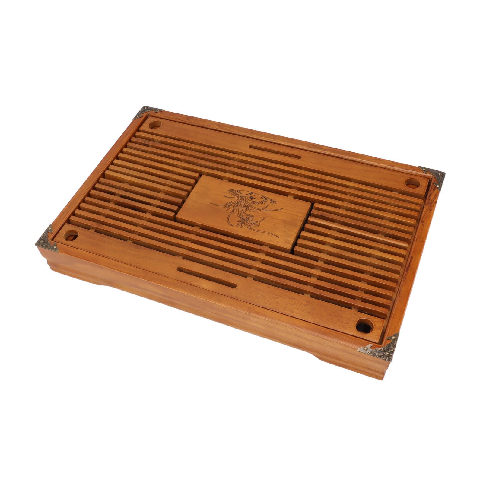 Plateau à thé en Bois Plateau à thé en Bambou Plateaux de Service de Thés de Style Chinois avec Motif D'orchidée Drainage de Stockage D'eau Haute capacité pour le Bureau à (YELLOW)