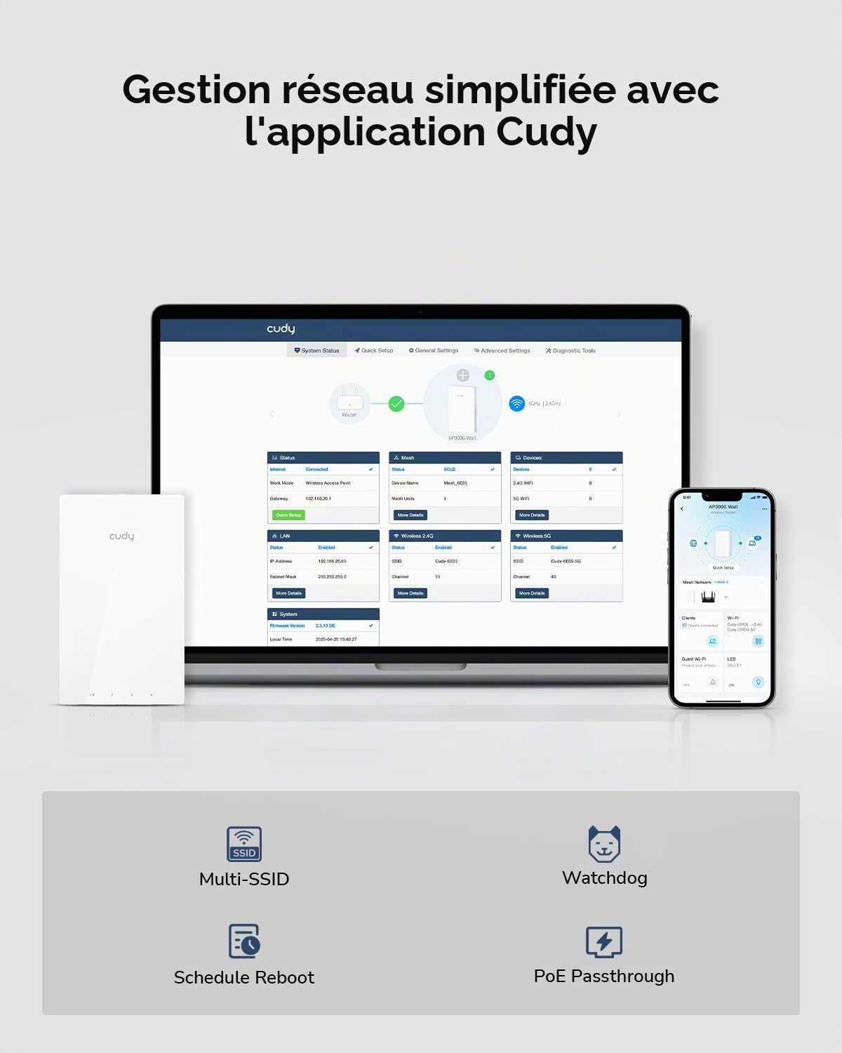 Cudy AP3000 Wall WiFi 6 AX3000 Point d'accès mural sans fil Gigabit Prise en charge OFDMA, MU-MIMO, alimentation PoE, contrôle par application Cudy ou configuration Web