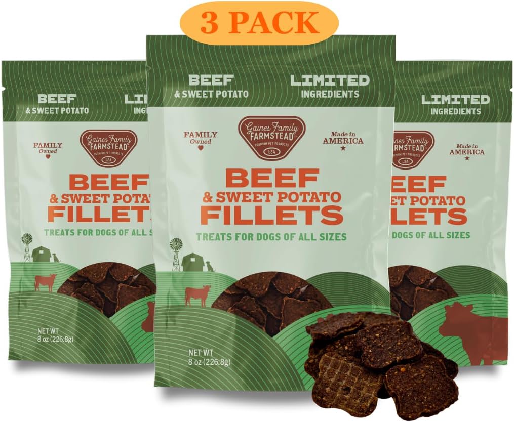Gaines Family Farmstead Beef & Sweet Potato Fillets for Dogs 3 Pack - 8 oz Bags, All-Natural, Grain-Free, Healthy Dog Treats for All Ages & Breeds, Made in USA