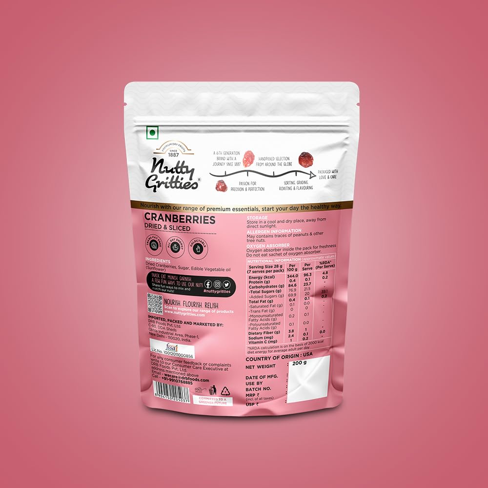 Nutty Gritties Dried US Cranberries 200g | Cranberry, Healthy Snack for kids and adults | Resealable Pouch 1