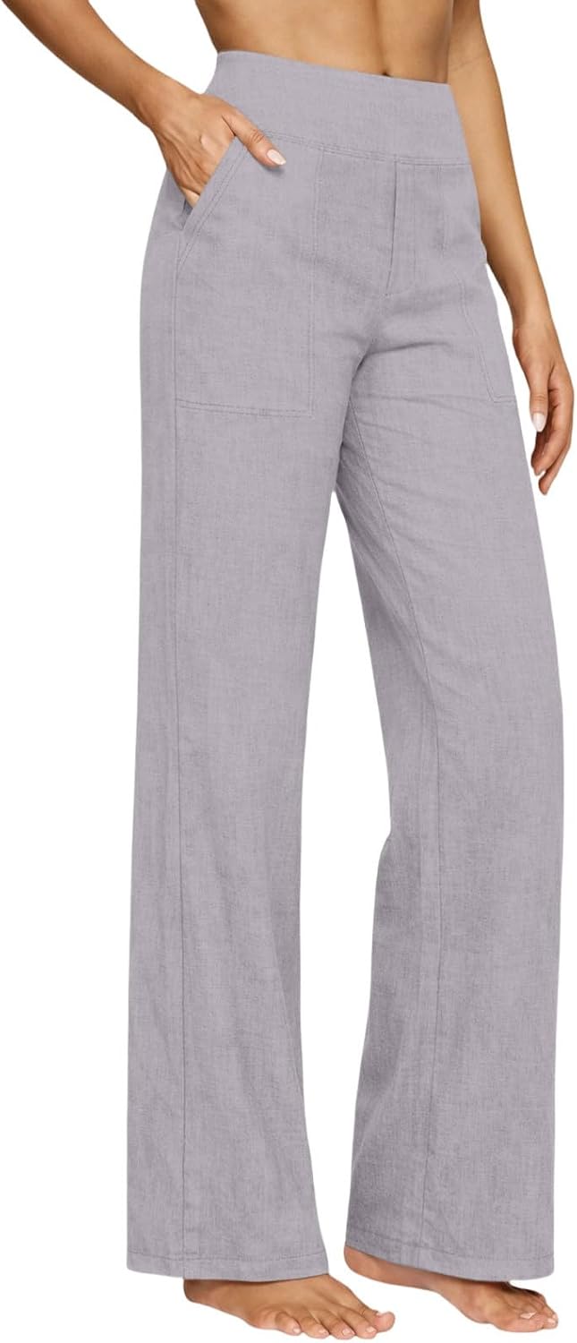 Womens Linen Pants Summer High Waisted Palazzo Pants Flowy Elastic Waist Comfy Pant Beach Straight Leg Casual Pant