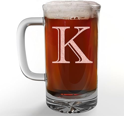 Miniatura 1 de Taza de cerveza de vidrio con monograma grabado de 16 onzas (letra K), regalos de cerveza personalizados A-Z para hombres, vasos de cerveza