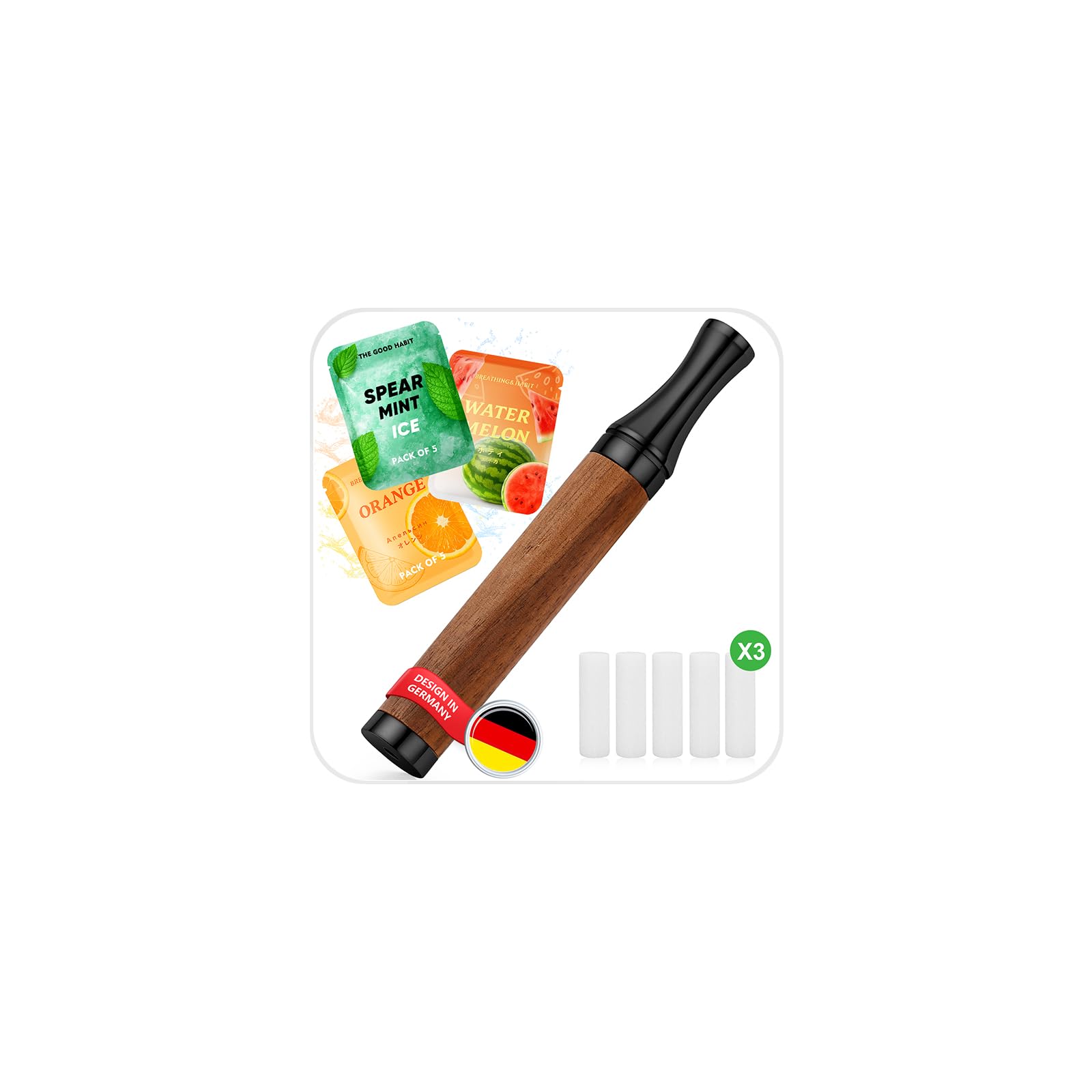 J.Fée S3.0 Rauchentwöhnung Hilfsmittel Wooden Stainless Steel Handheld Mit 15 Filtern mit Fruchtgeschmack,(Peppermint, Sweet Orange, Watermelon)Alternatives et aides sans nicotine-Atemtraining Schwarz
