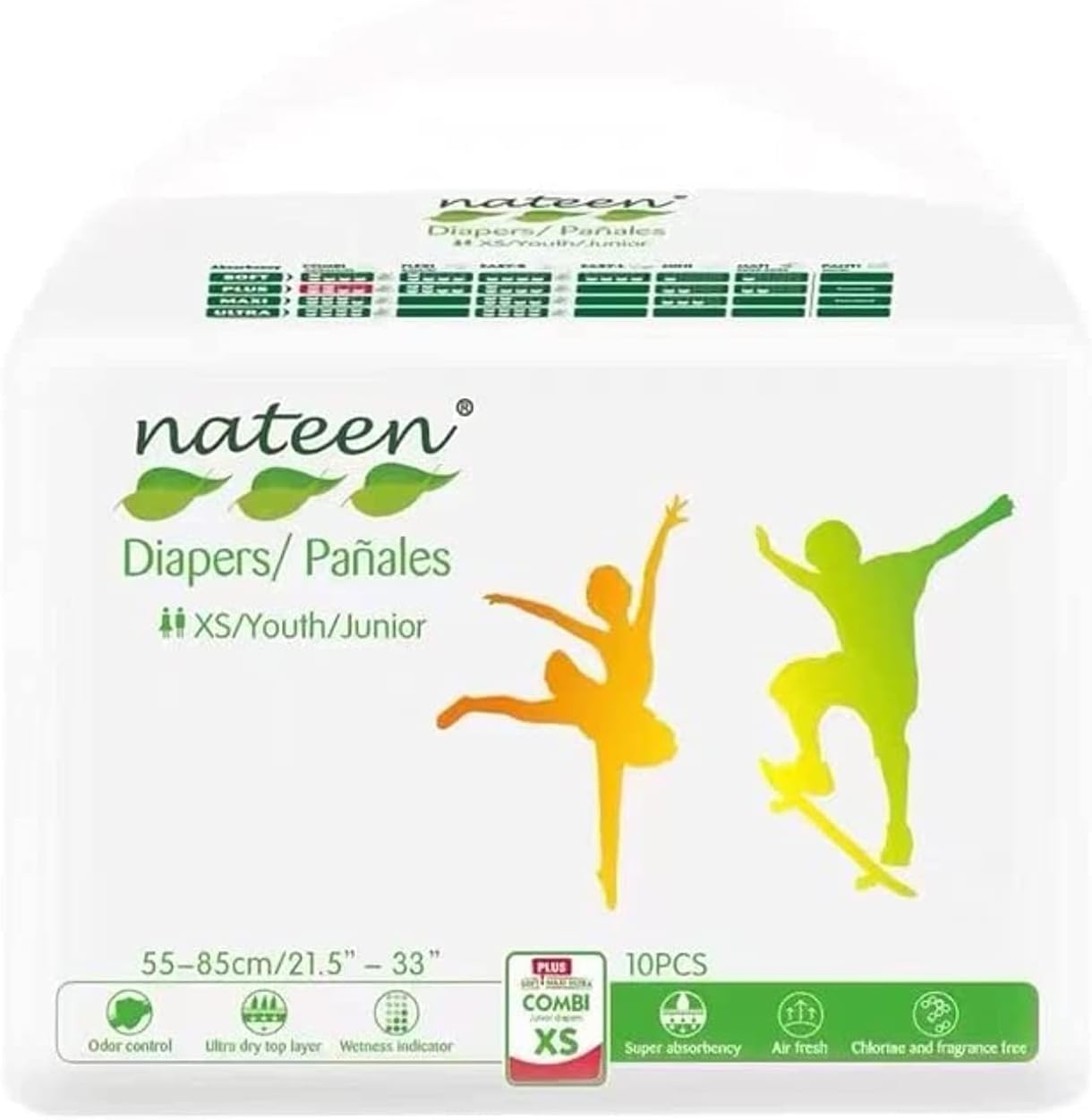 โ Nateen Combi Plus Incontinence Adult Diaper,X-Small,Waist Size 55-85cm,10 Count,with Super Absorbent Layer, Leak Guard,Disposable diaper for Men&Women,super Absorbency.