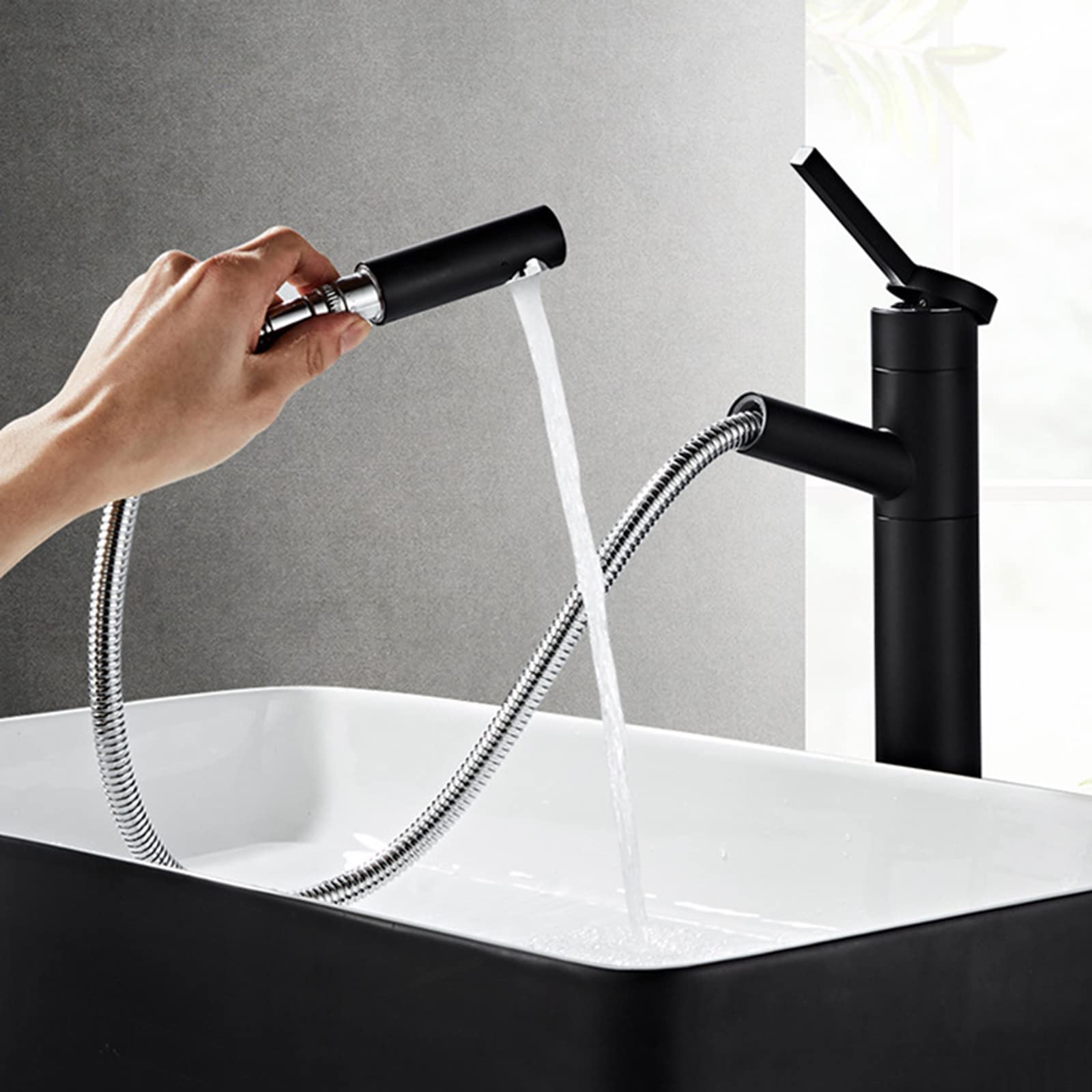 Mitigeur de lavabo avec douche extractible noir grand robinet monocommande cuisine salle de bain