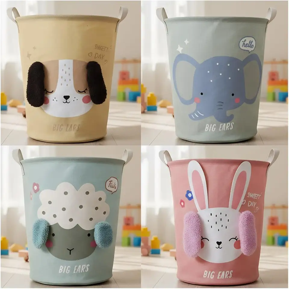 Cesto Organizador Dobrável Multiuso com Alças, Design Infantil Big Ears, Armazenamento de Roupa Suja e Brinquedos. (ROSA CACHORRO)