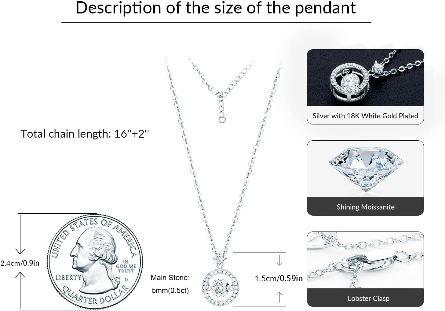 AINUOSHI Moissanite Necklace for Women, 1CT, 2CT, 3CT, 4CT Solitaire Moissanite Pendant Necklace, D-E Color with GRA Certificate, 925 Sterling Silver with 18K Gold Plating, Mother Mom Wife Girlfriend Gifts with Jewelry Box Packed
