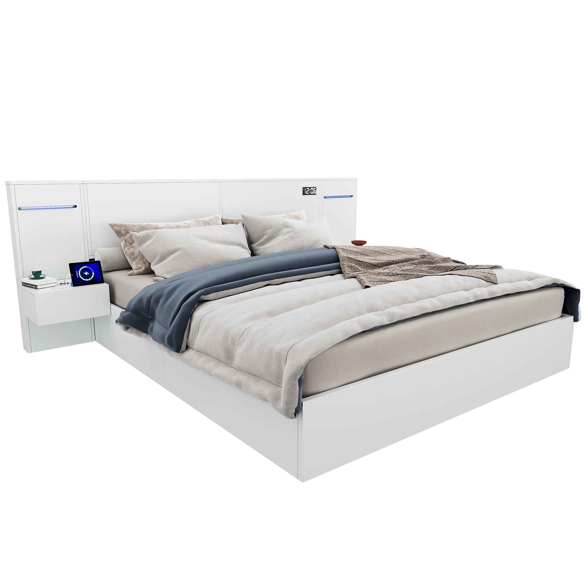 Estructura de Cama de Madera 160x200cm Cama King Size con Dos Mesitas de Noche Cabecero Repisas Base Estables Muebles Cama con Almacenamiento Dormitorio Matrimonial Adultos Blanca