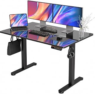 Claiks Glass Standing Desk 48x24 Inch Black | Smooth Height Adjustment, Tempered Glass Top, 3 Memory Presets, Stand Up, 132 lbs Capacity, Quick Install