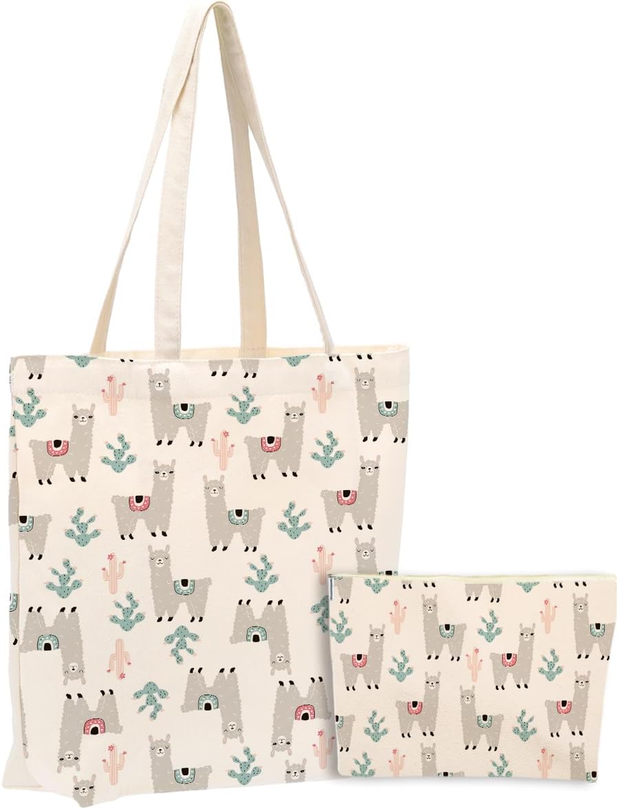 Llama Gifts Llama Decor Stuff, 2PCS Makeup Cosmetic Bag Canvas Tote Bag Beach Bag for Shopping Work Office Gifts for Alpaca Animal Lovers Women Female Friend Sister Girl Birthday Friendship Christmas