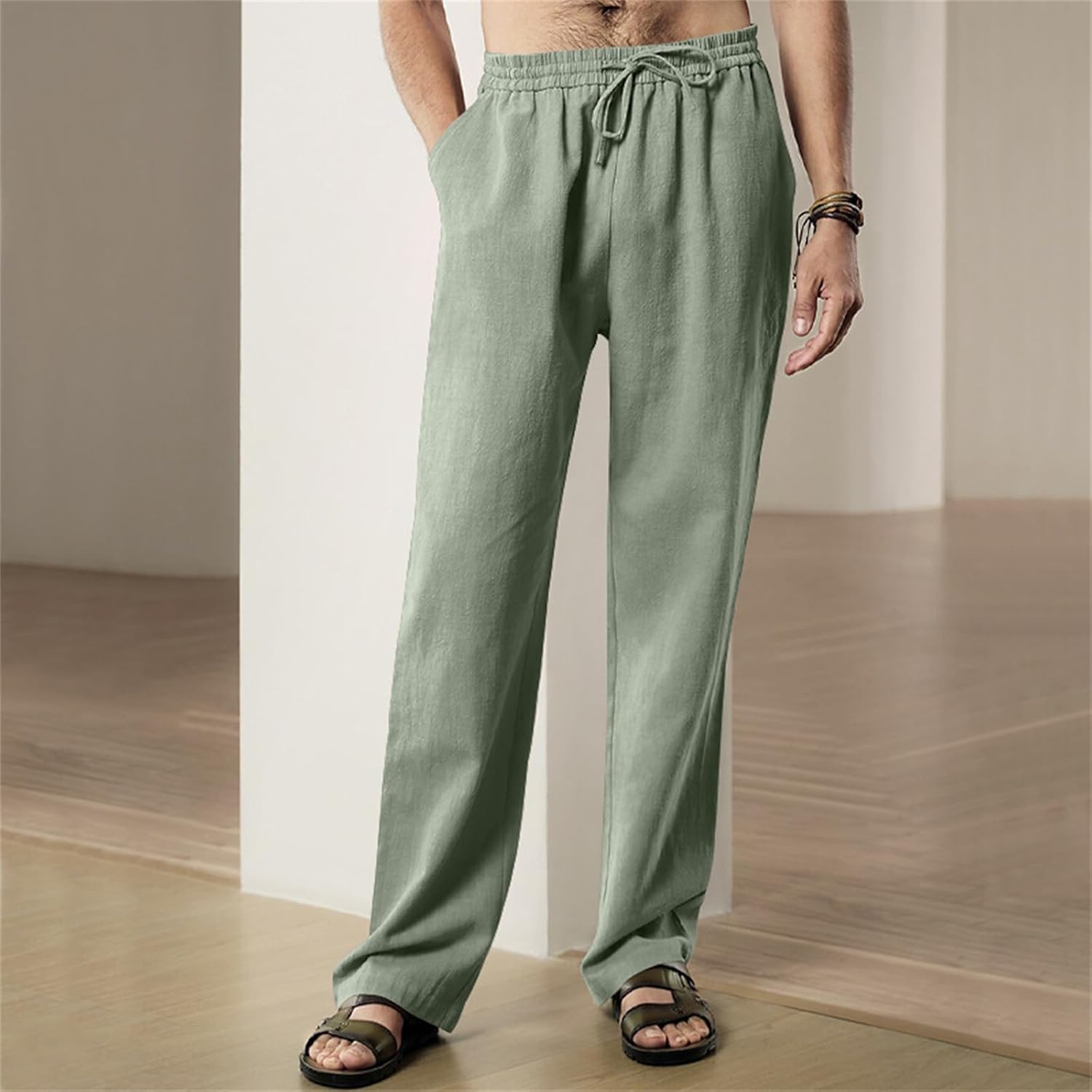 Linen Pants for Men Drawstring Elastic Waist Yoga Pants with Pockets Straight-Leg Lightweight Loose Beach Trousers