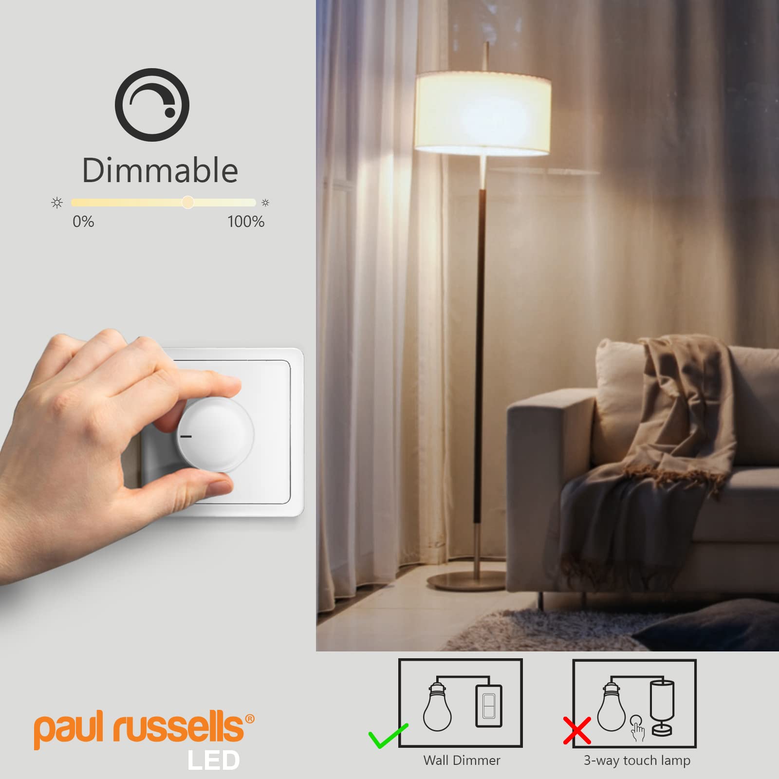 paul russells LED GLS, Dimmable Bayonet Light Bulbs, 8.5W 806Lumens B22 A60 LED Bulbs, 60w Equivalent - Image 4