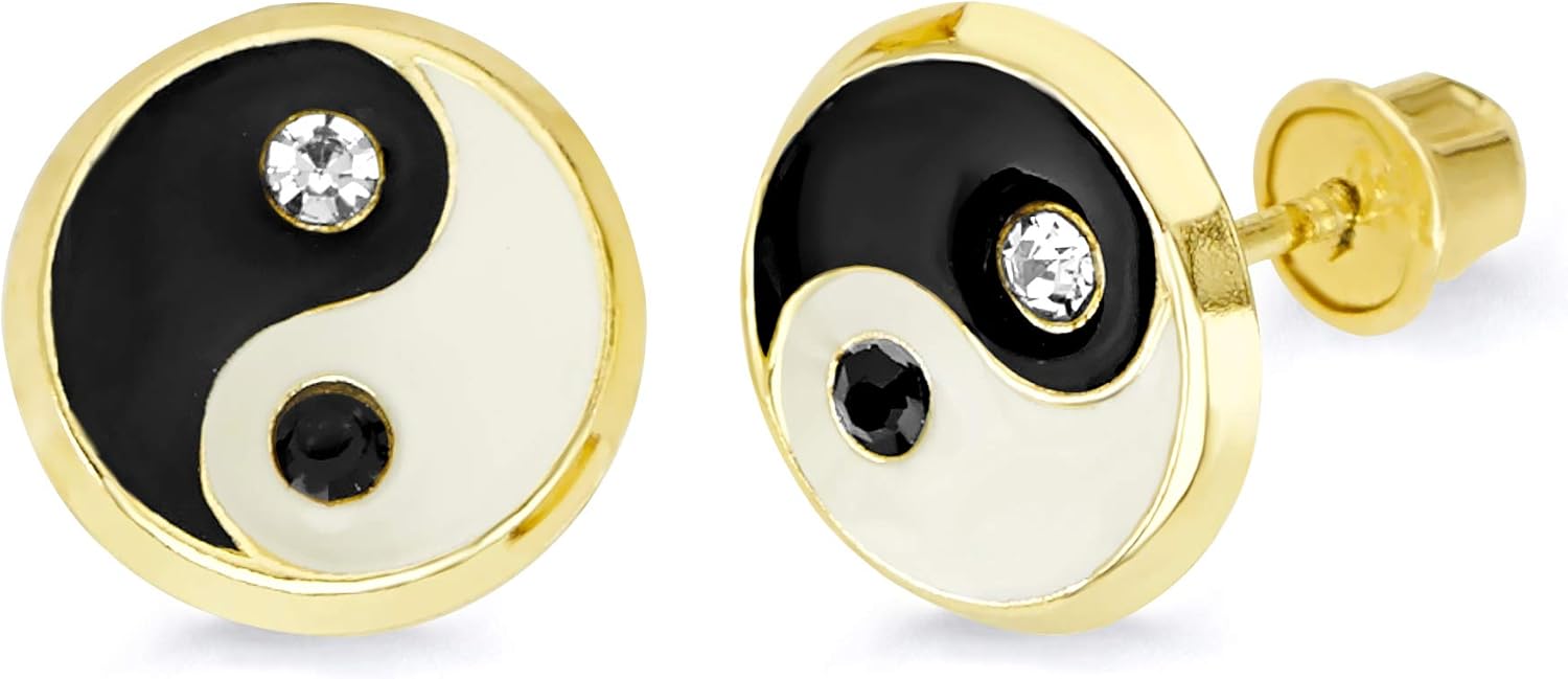 14k REAL Yellow Gold CZ Enamel Yin-Yang Stud Earrings with Screw Back