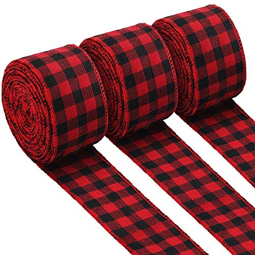 3 Rolls Buffalo Plaid Burlap Wired Ribbon Weave Ribbon with Wired Edge Bows Craft Decoration for Big Bow Wreath Tree Decoration Outdoor (Black and Red Plaid,2.4 Inches)