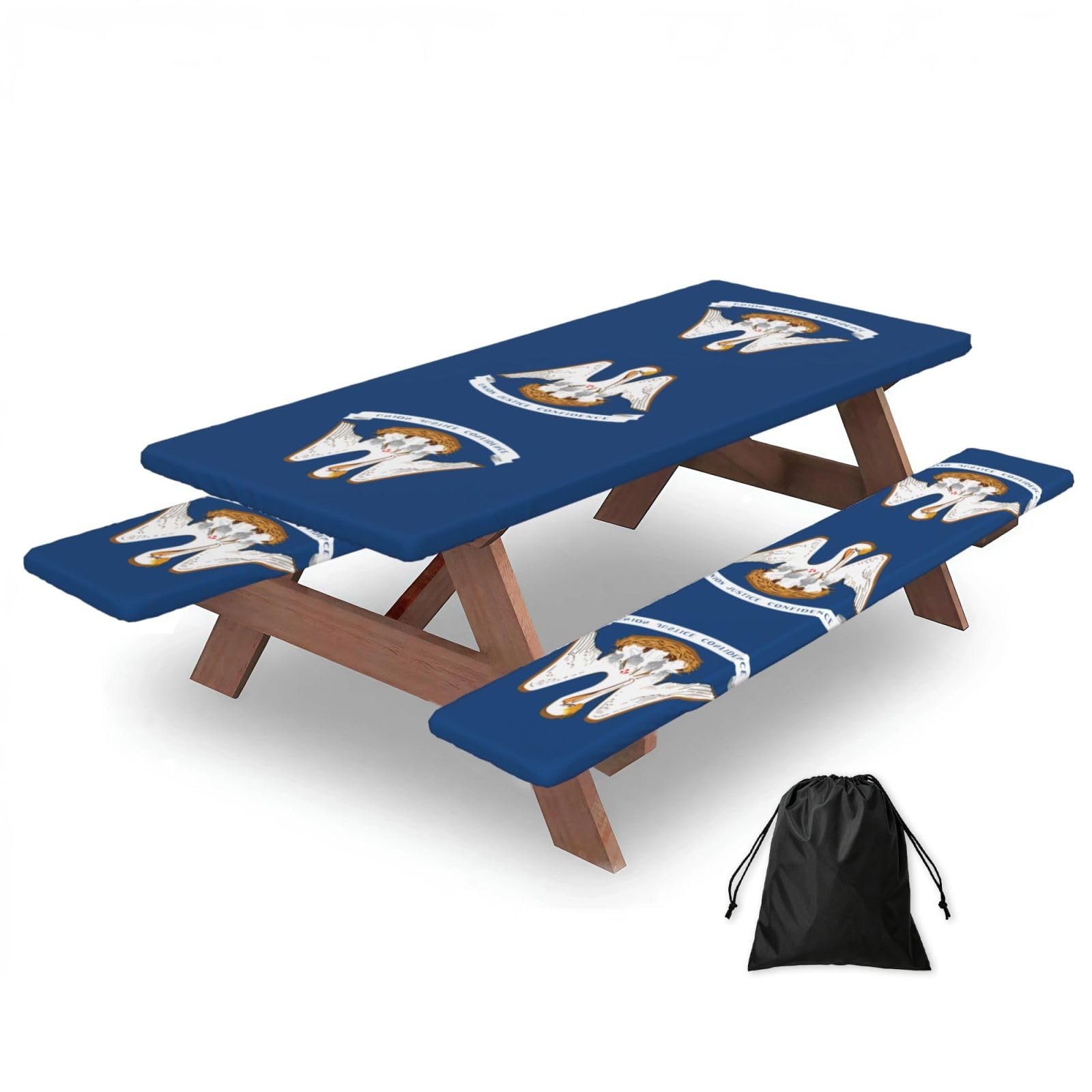 Louisiana State Flag Print 183cm Picnic Table Cover With Bench Covers, Waterproof Elastic Tablecloth Set For Outdoor