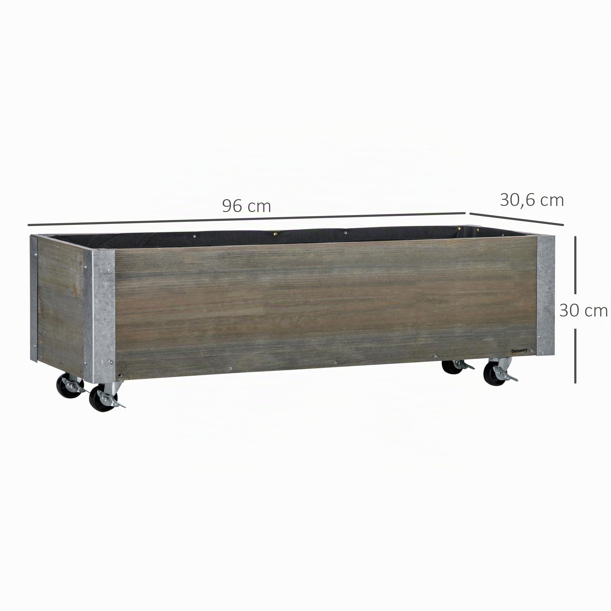 Outsunny Jardinera Exterior Grande con Ruedas Jardinera de Madera con Tela no Tejida Jardinera y Sistema de Drenaje para Cultivo Flores Plantas en Balcón Terraza 96x30,6x30 cm Gris Claro