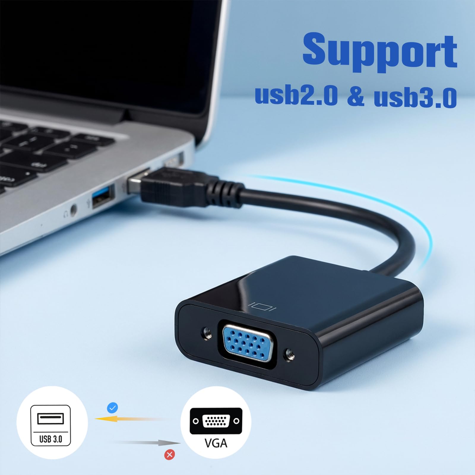 Adattatore da USB a VGA per monitor, convertitore da VGA a USB 3.0/2.0, cavo video multi-display 1080P per laptop, desktop, HDTV, monitor, proiettore