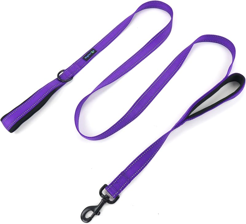 Wagtime Club Heavy Duty Double Handle Dog Leash for Large Medium Small Dogs | 6ft Long Padded Traffic Handles for Extra Control and Training(Reflective Vibrant Purple)