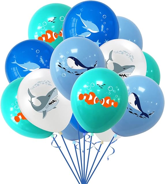 16 Pcs Ocean Party Latex Balloons, 12 Inch Whale Shark Dolphin Clown Fish Latex Balloons Kit for Ocean Theme Party, Latex Balloons for Kids Boys Birthday Party Decorations