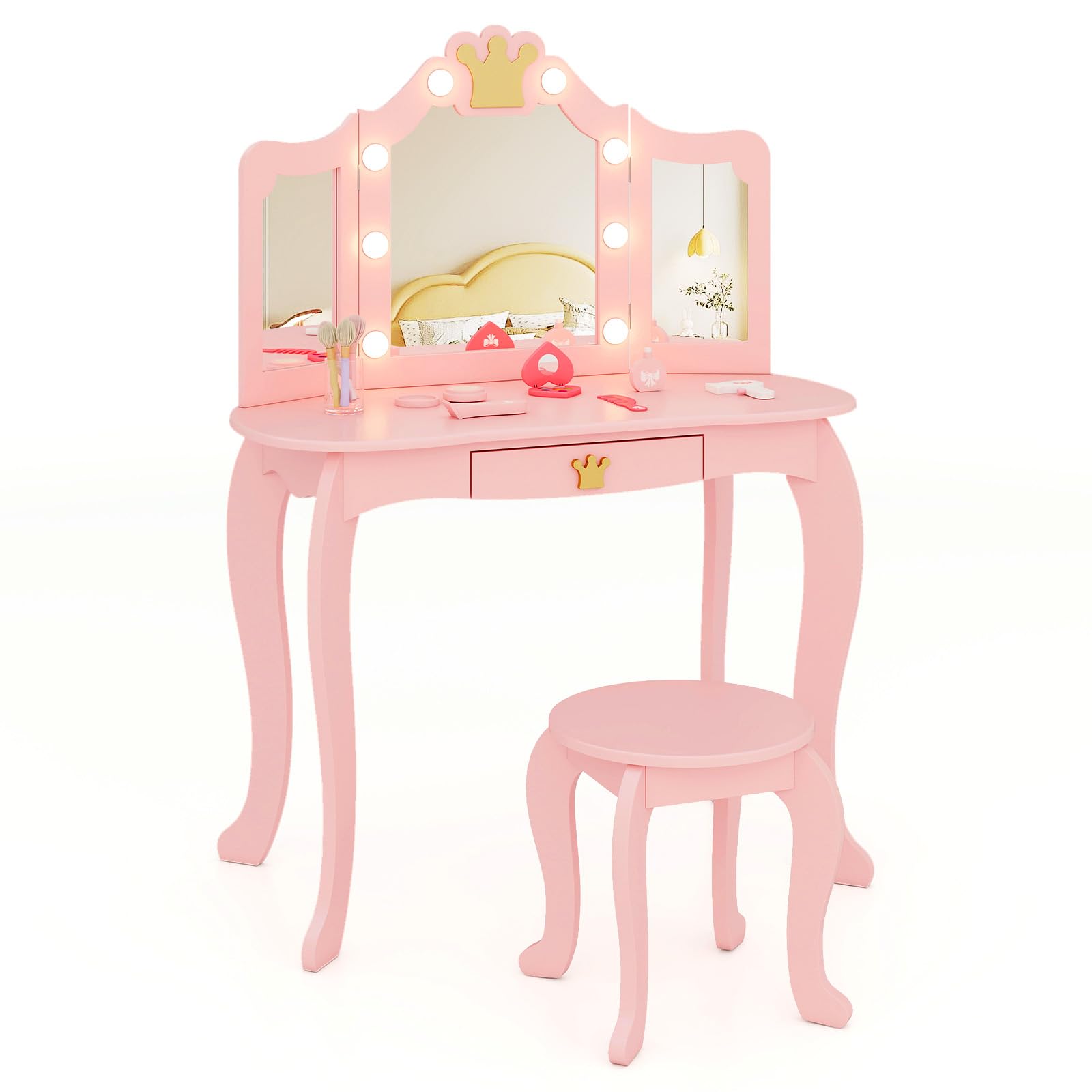 HONEY JOY Kids Vanity with Lights, Crown Girls Vanity Set with Mirror and Stool and Lights, Toddler Vanity, Wooden Makeup Table for Little Girls, Pretend Play Kids Vanity Table and Chair Set(Pink)