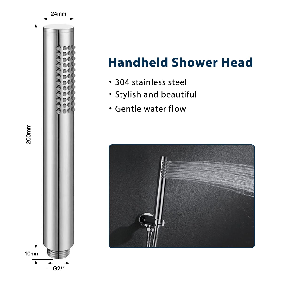 Drenky Shower Head Stainless Steel 304 High Pressure Shower Head Round Pencil Showerhead with 48 Easy-Cleaning Rubber Nozzles Pencil Water Saving - Image 2
