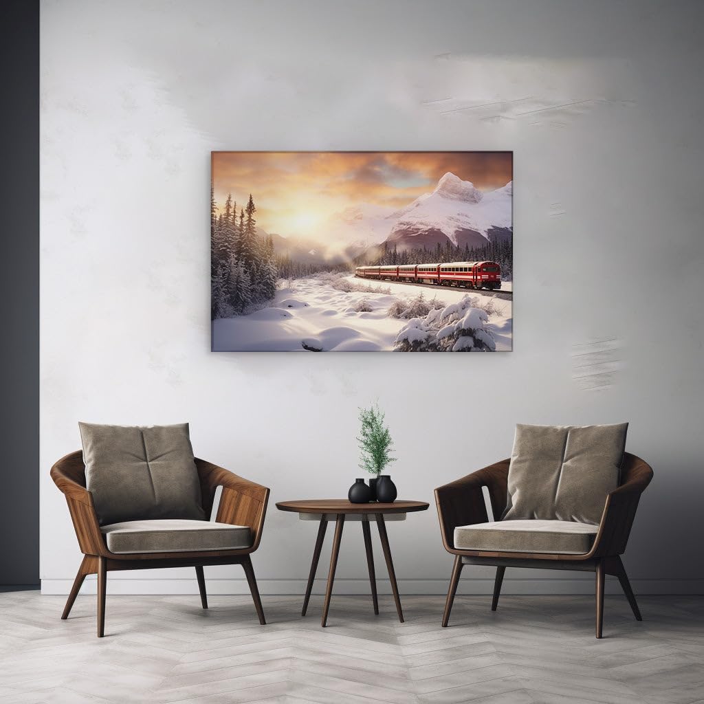 Canvas for Living room. Winter's Warm Embrace in a Breathtaking Sunset Train Journey, 27 x 18 inch Canvas Wall Art - Contemporary Masterpieces - Modern Home Decor - 69x46 cm (27x18 inch)