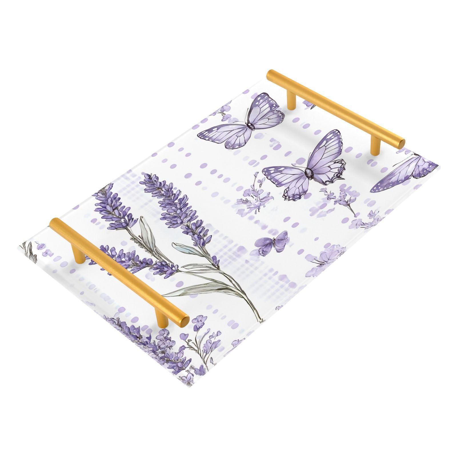 GUIJI Lavender & Butterflies Acrylic Tray, Perfume Cosmetic Jewelry Decorative Trays Bathtub Organizer, Living Room Kitchen Serving Tray with Gold Handles