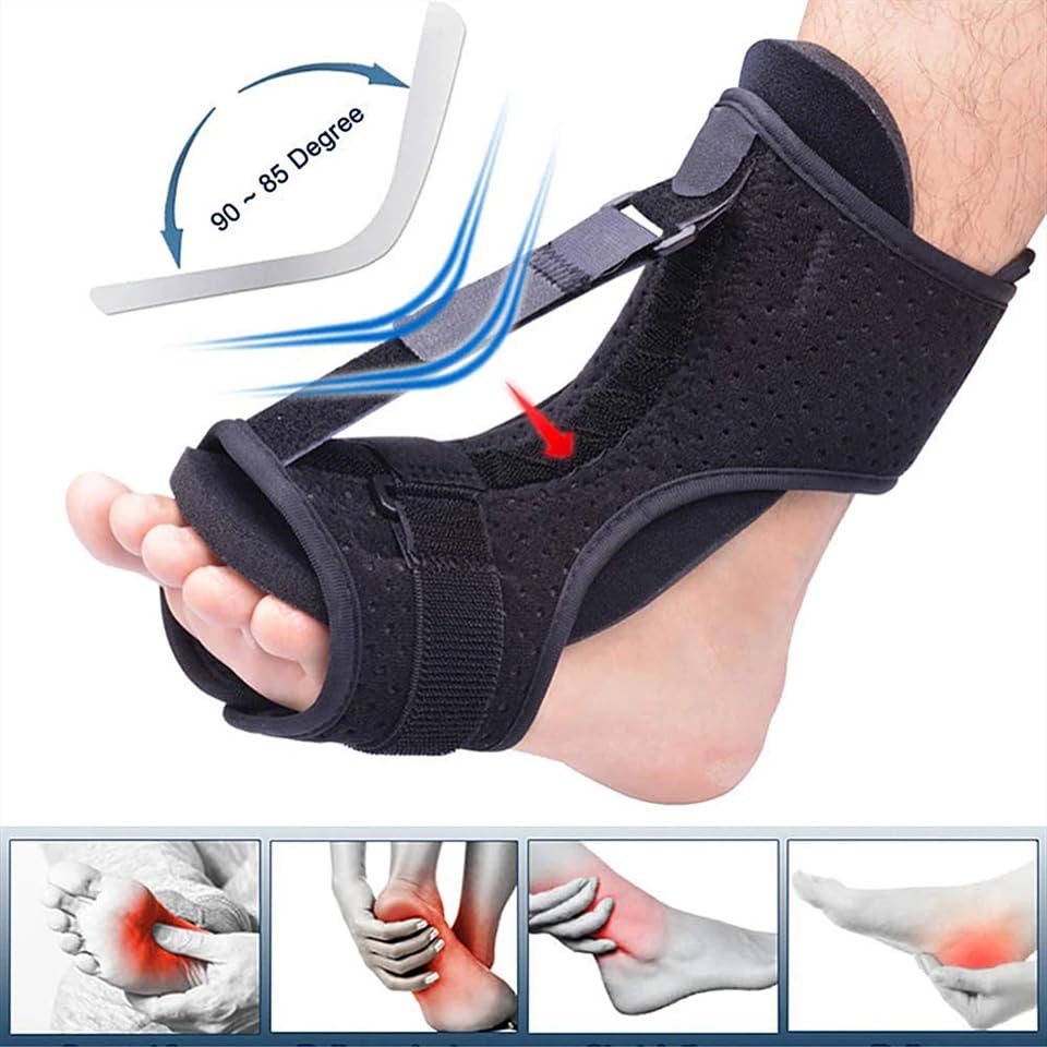 Diagram illustrating the 90 to 85 degree angle adjustment of the night splint's aluminum bar.