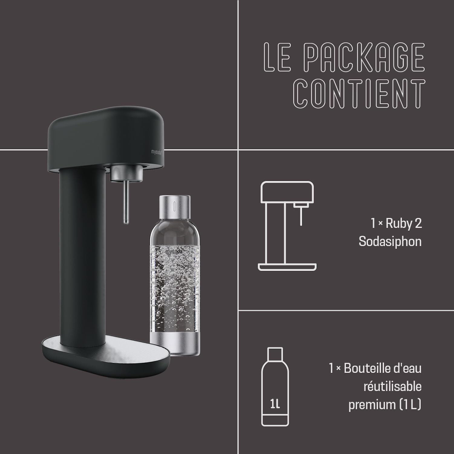 Mysoda Ruby 2 - Machine à eau pétillante design avec une bouteille d'eau en PET (sans cylindre de CO2) - Noir-Argent