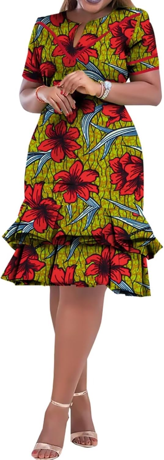 BAZINRICHE African Dresses for Women Bazin Riche Ankara Clothing Short Sleeve Dress Wax Print