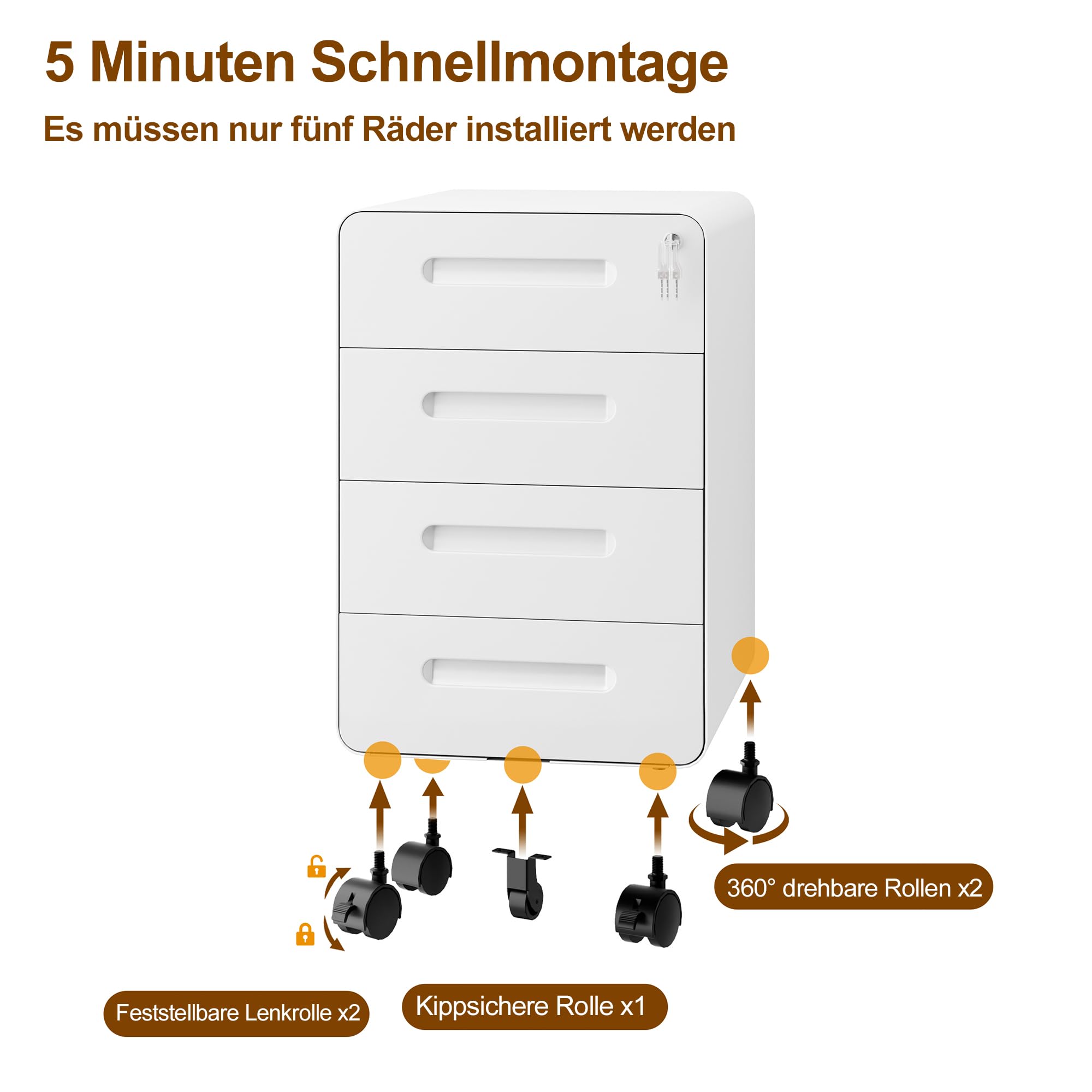 Rollcontainer, Mobiler Aktenschrank mit Schloss, Abgerundeten Ecken, 4 Schlüssel, 4 Schubladen, Büroschrank aus Metall, Bereits Vormontiert, für Büro, Heimbüro, 46T x 40B x 64H cm, Weiß
