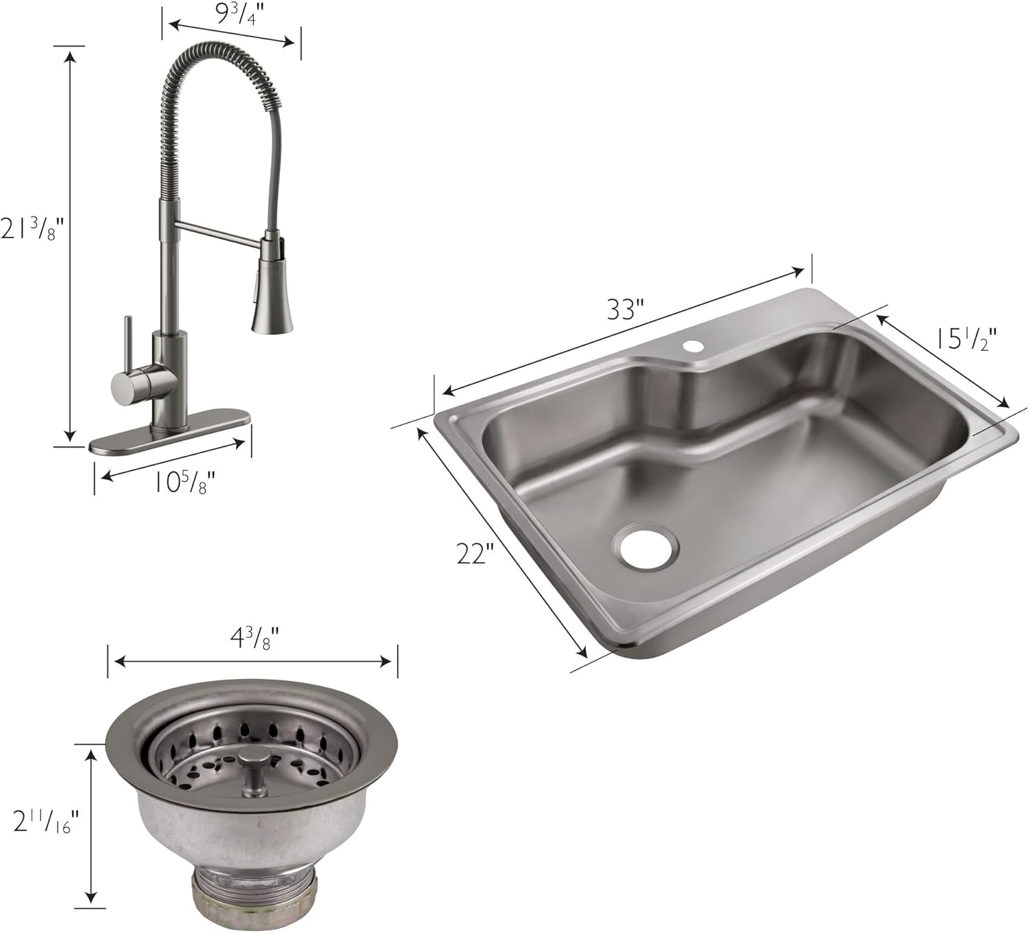 Design House Kitchen Sink and Faucet Set - Single Bowl Stainless Steel Sink, Drain Strainer, and Satin Nickel Pull Down Faucet with Dual Function Spray
