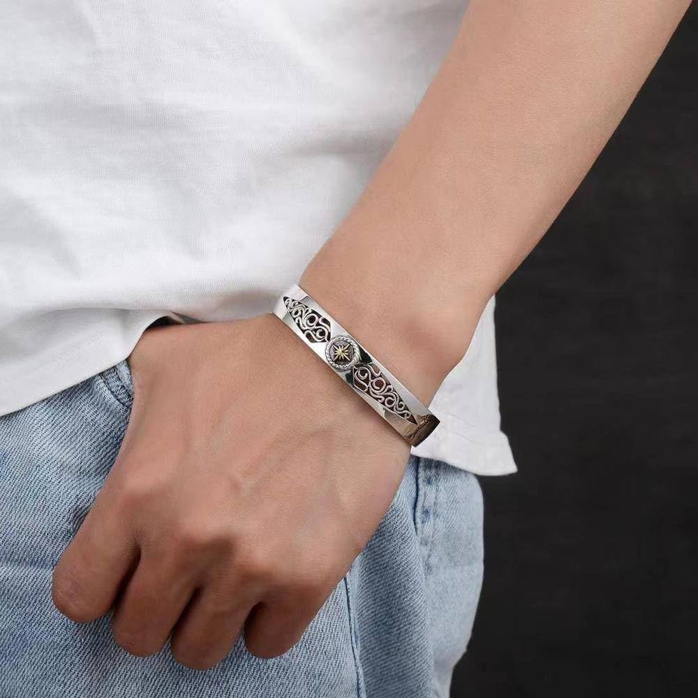 Brazalete Joyería Moda Plata Ley 925 Tang Patrón Hierba Pulsera Hombre Moda India Apertura Retro Pareja Pulsera Mujer