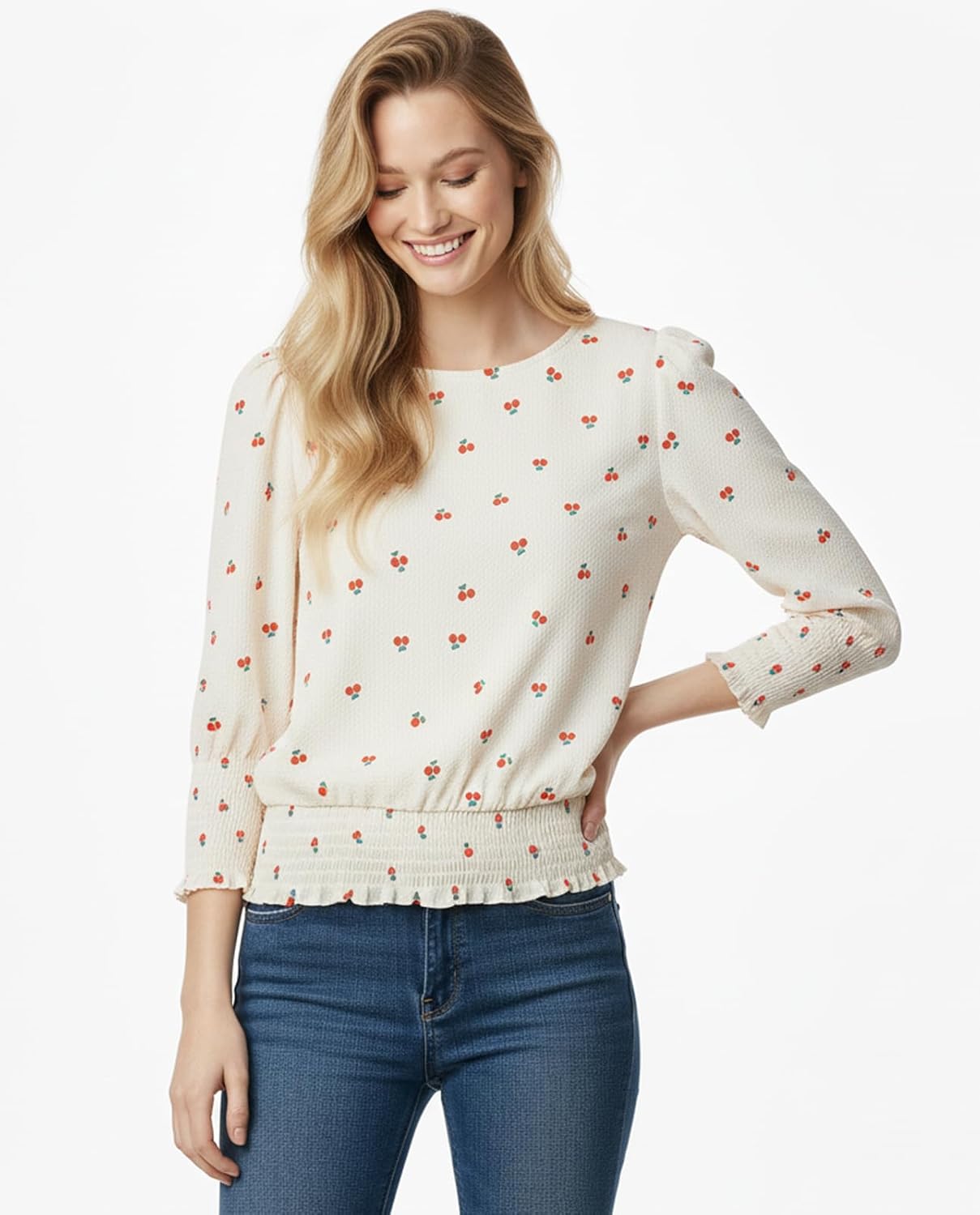 Women Cinched Waist Tops Banded Bottom Puff Sleeve Smocked Top Chiffon Blouse Dressy Casual Outfits - Image 3