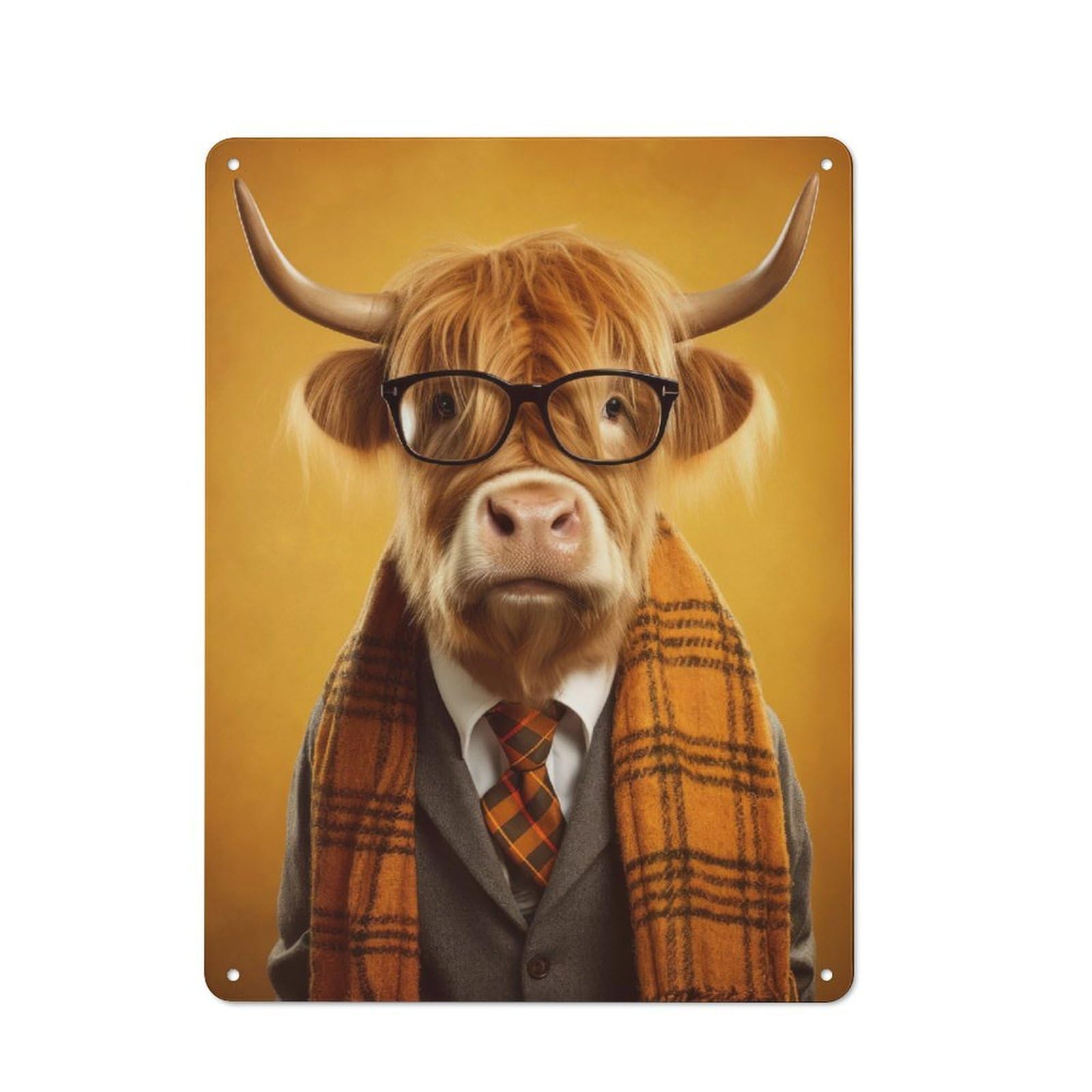 Junmoney Style-23 Dressed Highland Cow Warehouse Style Metal Wall Decor 40X30cm, Tin Wall Sign For Modern Home, Workshop, Office Or Cafe