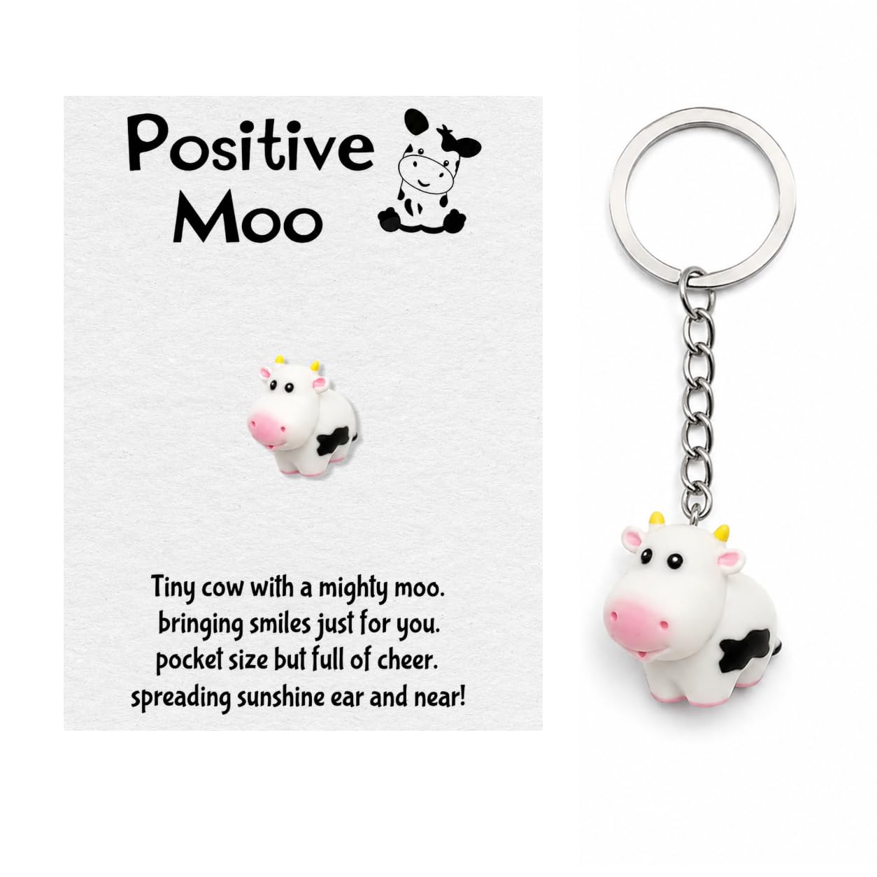 Virelle Unisex Colourful Positive Moo Cow Keyring, Tiny Cow Keychain With Encouragement Card & Good Luck Charm - Cute Bag Charm For Women Kids, Positivity Gift For Exam Student Cheer Up, Keyrings For Women Motivational Gifts