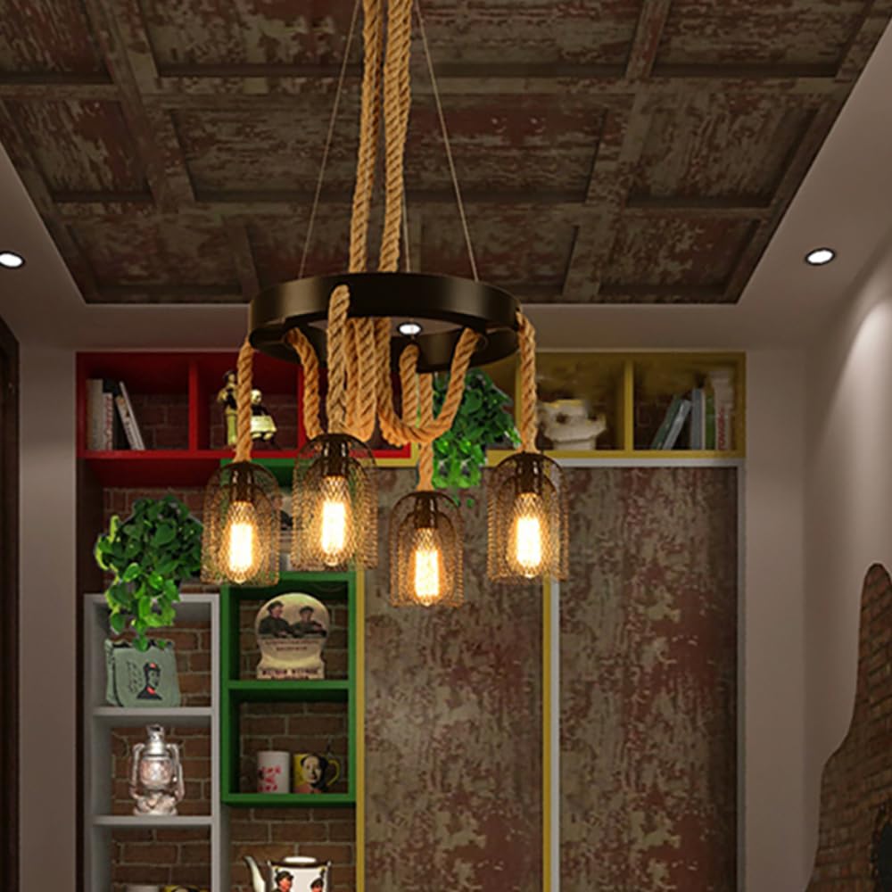 Przemysłowa lampa wisząca retro, żyrandol z liny konopnej do wystroju loftu, kawiarni i restauracji