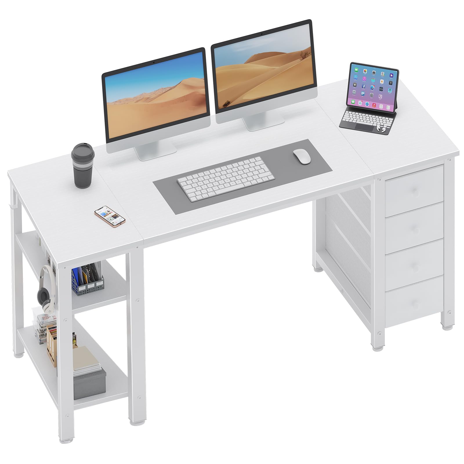 Lufeiya White Computer Desk with Fabric Drawers & Storage Shelves, 55 Inch Study Work Writing Desk for Home Office Bedroom, Simple Modern Cute PC
