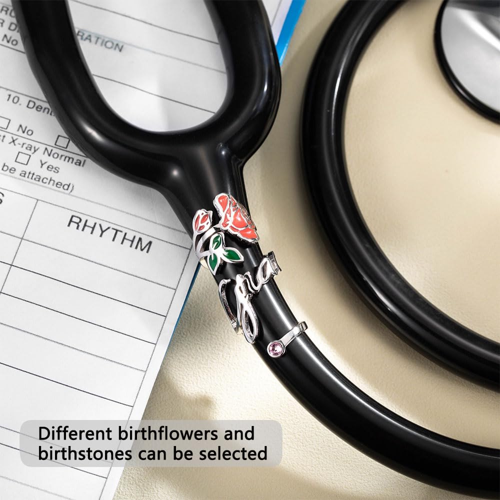 BYFDIY Custom Stethoscope Name Tag Personalized Birthflower Birthstone Stethoscope Id Tag Nurse Doctor Stethoscope Charms Accessories Graduation Gifts for Medical Assistant