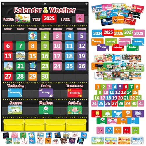 Calendar and Weather Pocket Chart for Kids Learning, Large 44.5”x28” Homeschooling Calendar...