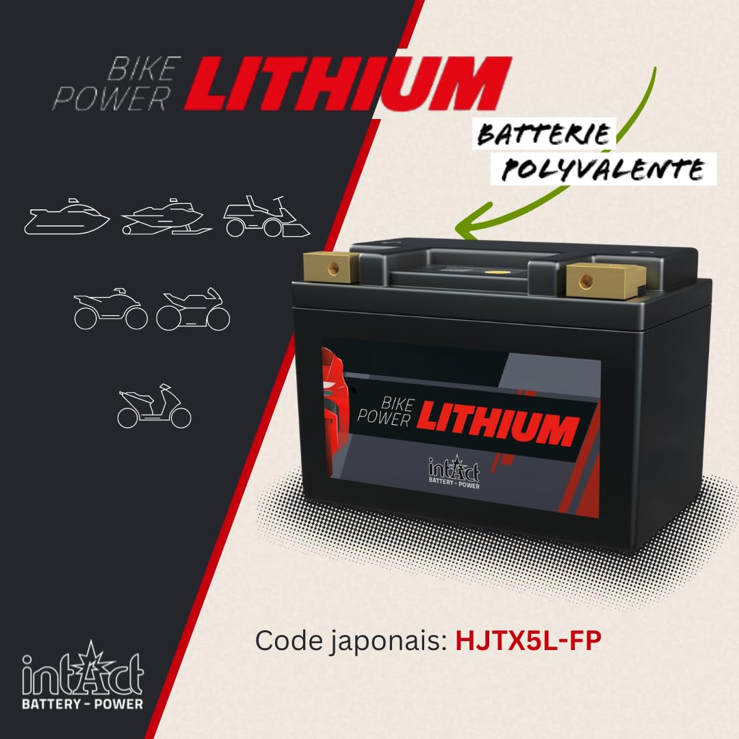 intAct - BATTERIE MOTOCYCLE LITHIUM | Batterie pour scooter, moto etc. Jusqu'à 75% de gain de poids | Bike-Power LI-08, HJTX5L-FP, batterie 12,8V, 1,6 AH (c10), 19 Wh, 95 A (CCA) | Dim: 113x70x85mm