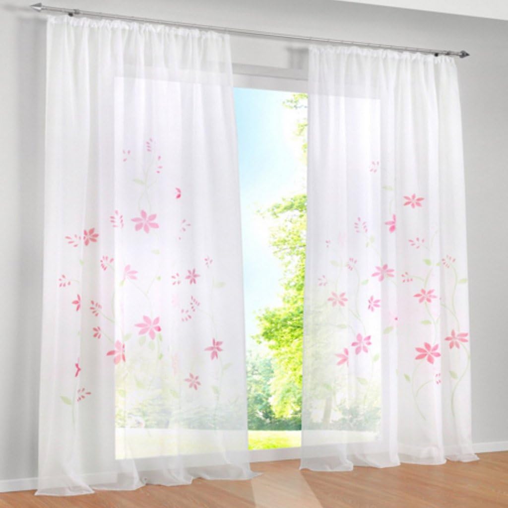 Yujiao Mao Voile Curtain with Floral Print Flowers Colourful Curtains Scarf with Ruffle Tape Pack of 1 Pink W x H 150 x 225 cm