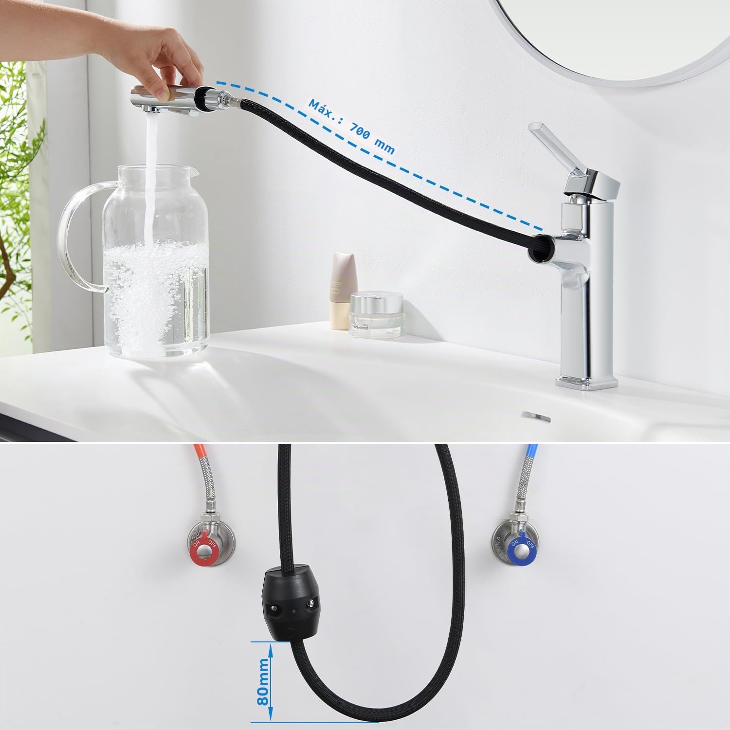 Grifo Lavabo Extraible en 2 Modos, Grifo Baño Cromado Mezclador Monomando Extensible para Hogar y Comercial, Acero Inoxidable, Diseño Moderno