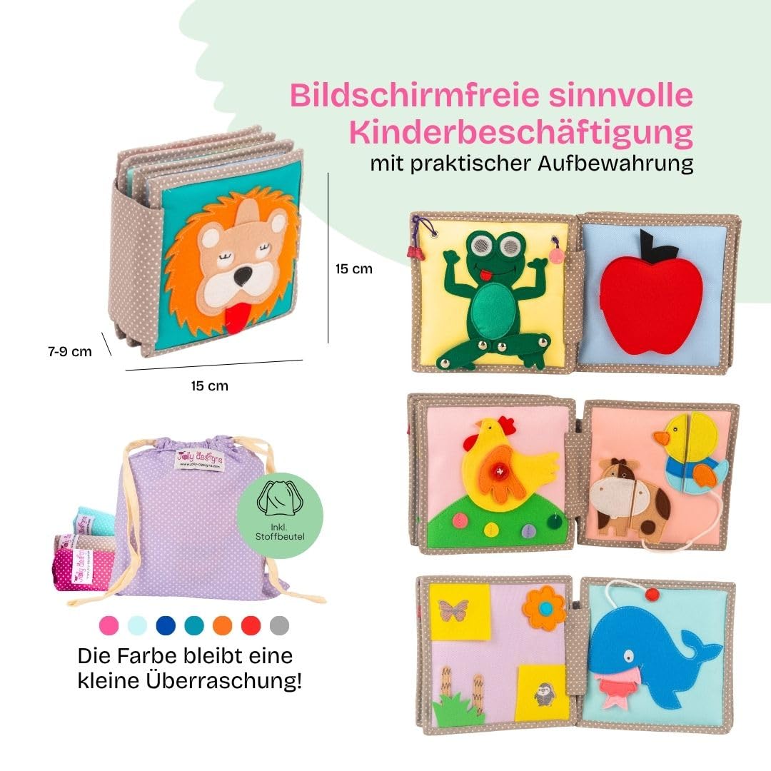Jolly Designs Mini Quiet Book Dösender Löwe – Montessori Spielzeug ab 1 Jahr – Stoffbuch & Busy Book ohne lose Teile – Lernspielzeug aus Filz – Motorikbuch für Babys & Kleinkinder