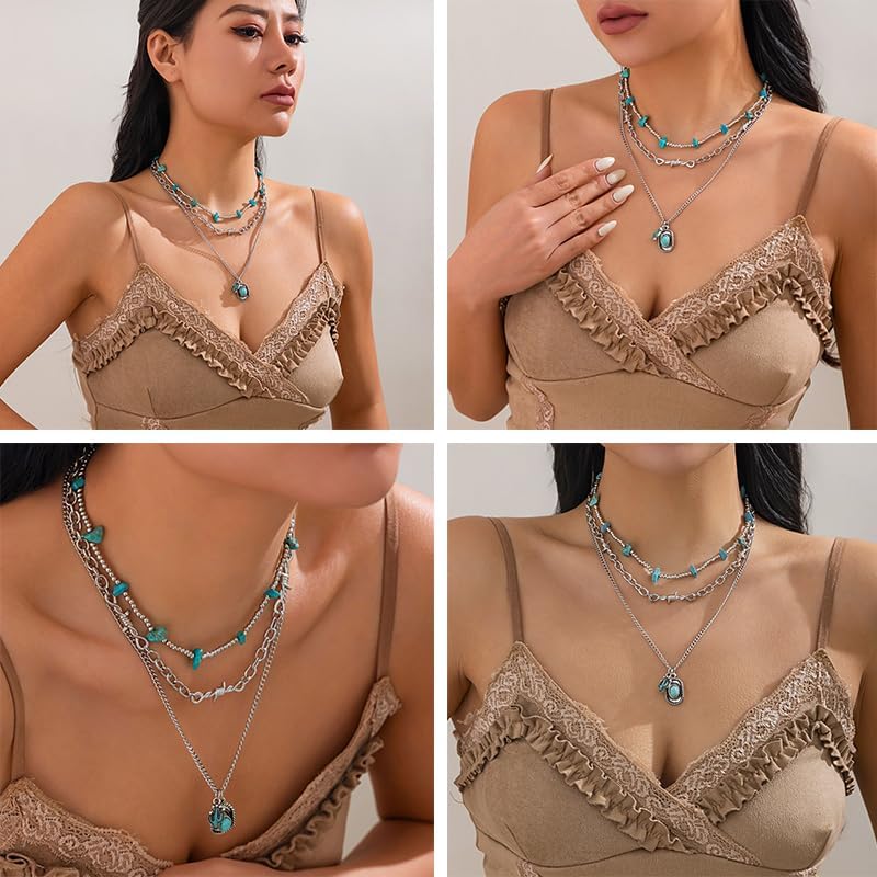 Western Silver Turquoise Necklaces Stack Vintage Country Cowgirl Cowboy Hat Beaded Layered Choker Necklace Boho Hippie Jewelry Accessories for Women - Image 2